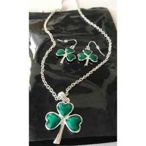 Shamrock Necklace Earrings Set Pendant 18 inch Chain St Patrick's Day Pa…
